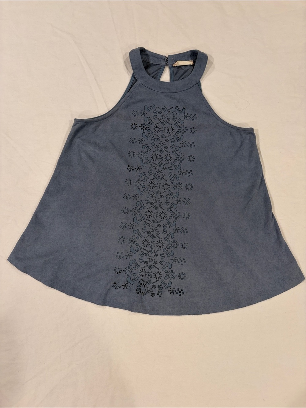 Altar'd State Dusty Blue Halter Tank with Laser-Cut Floral Panel
